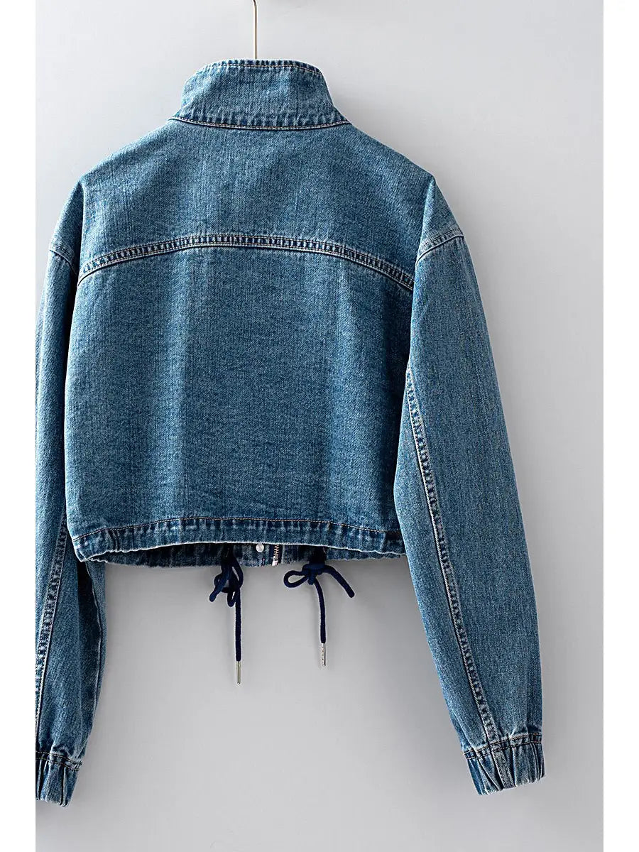 Cropped Drawstring Denim Jacket