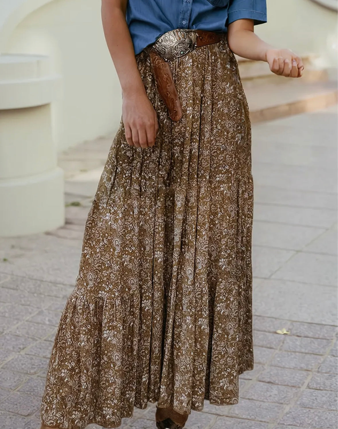 Brown Floral Silky Skirt