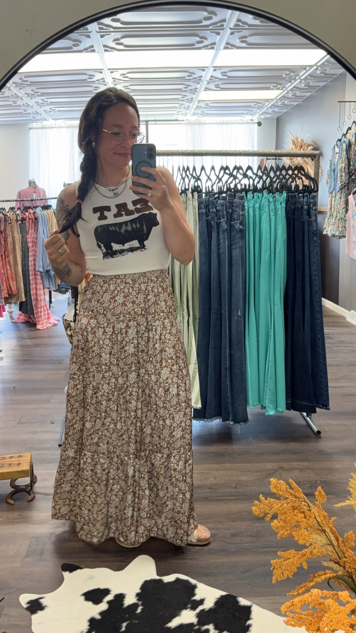 Brown Floral Silky Skirt