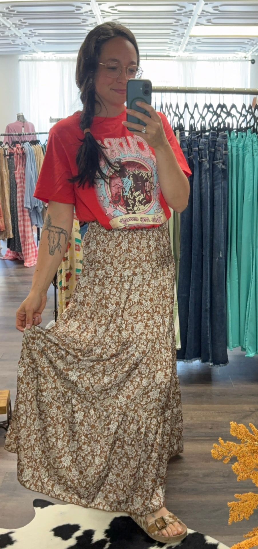 Brown Floral Silky Skirt