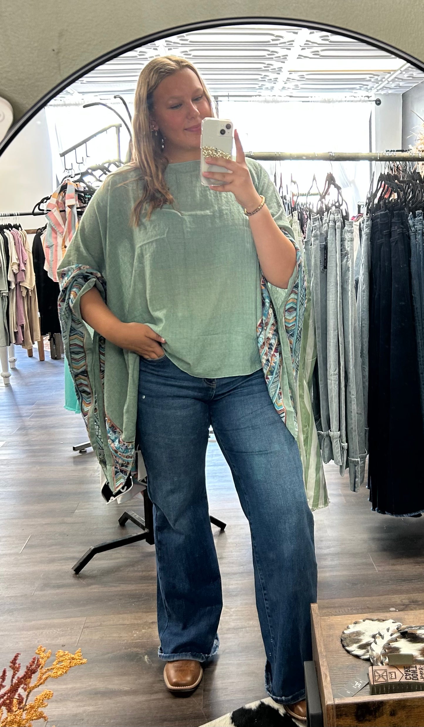 Sage Embroidered Sleeve Poncho