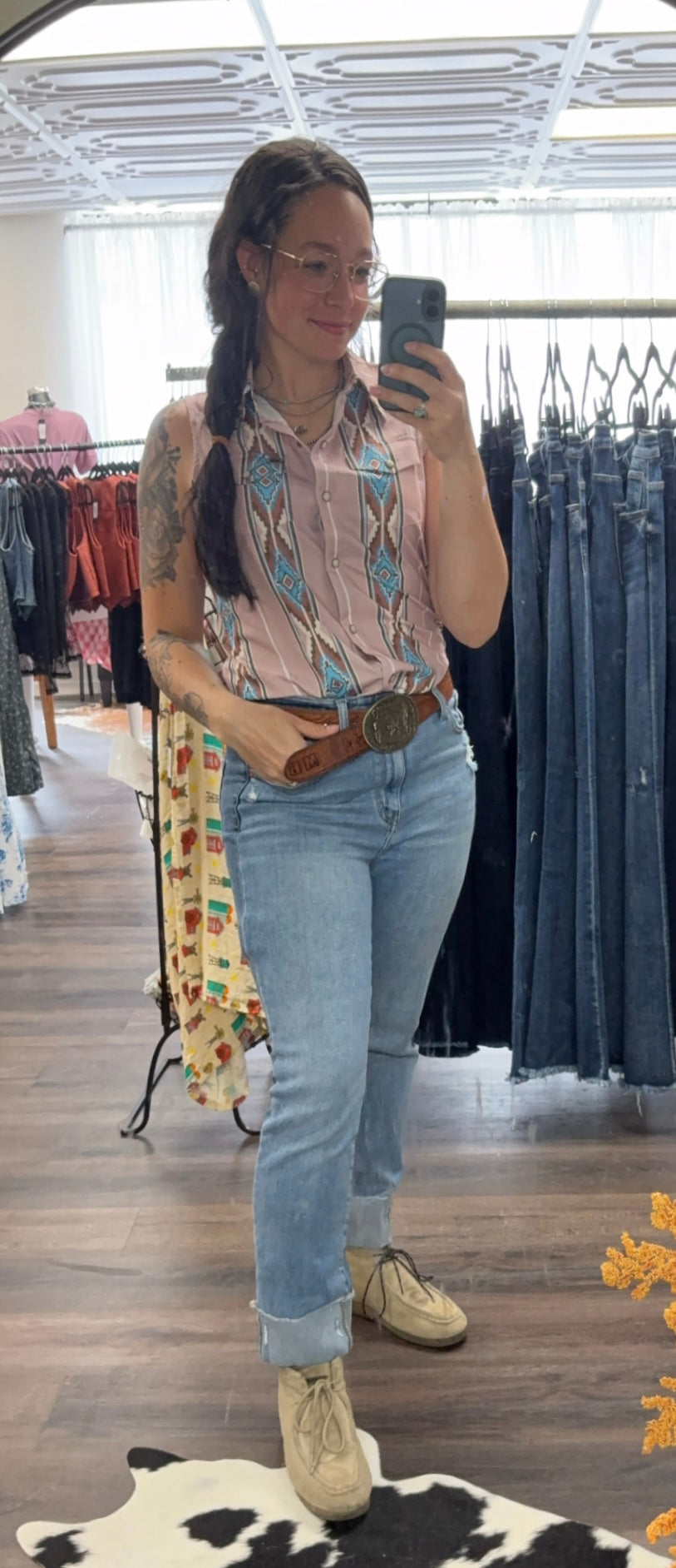 Neutral Aztec 90s Pearl Snap Sleeveless Button Down