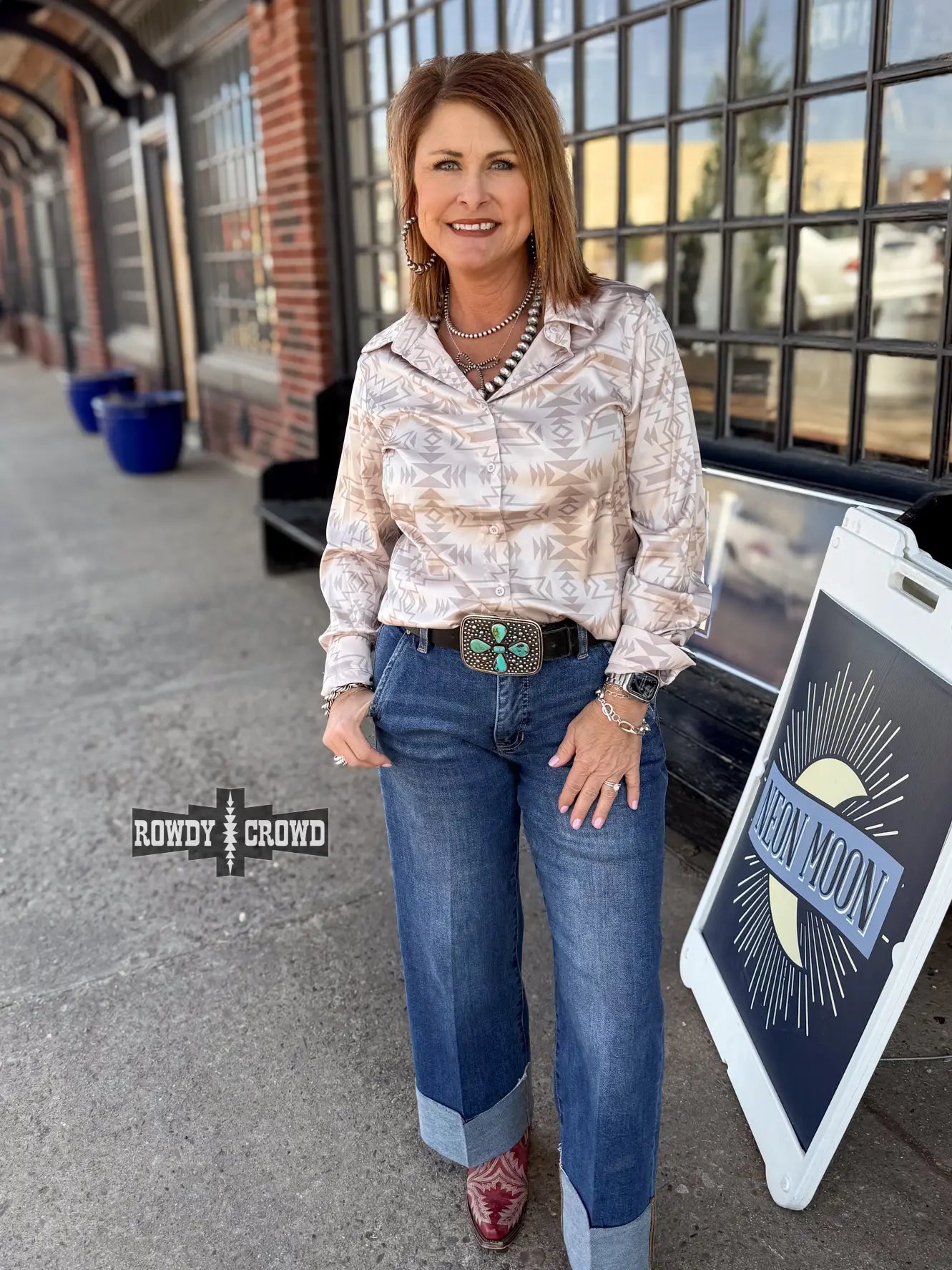 Neutral Aztec Silky Button Down