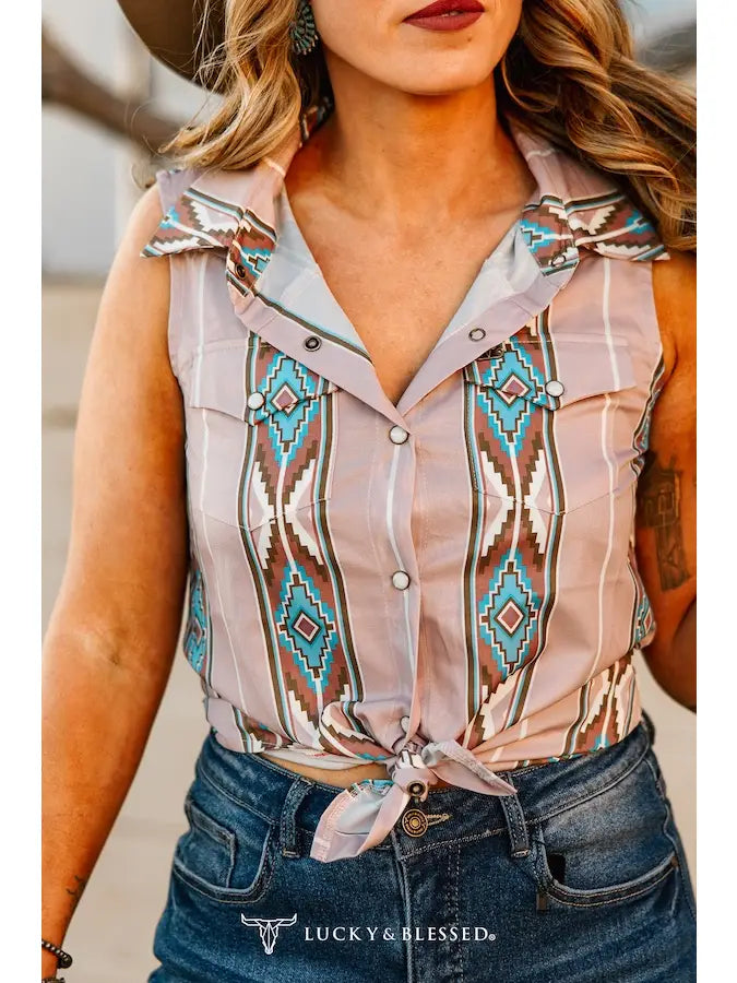 Neutral Aztec 90s Pearl Snap Sleeveless Button Down