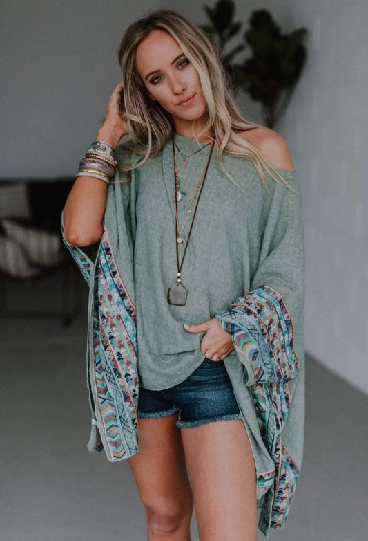 Sage Embroidered Sleeve Poncho