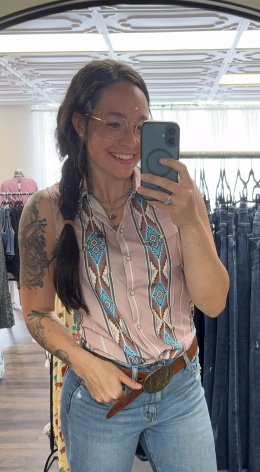 Neutral Aztec 90s Pearl Snap Sleeveless Button Down