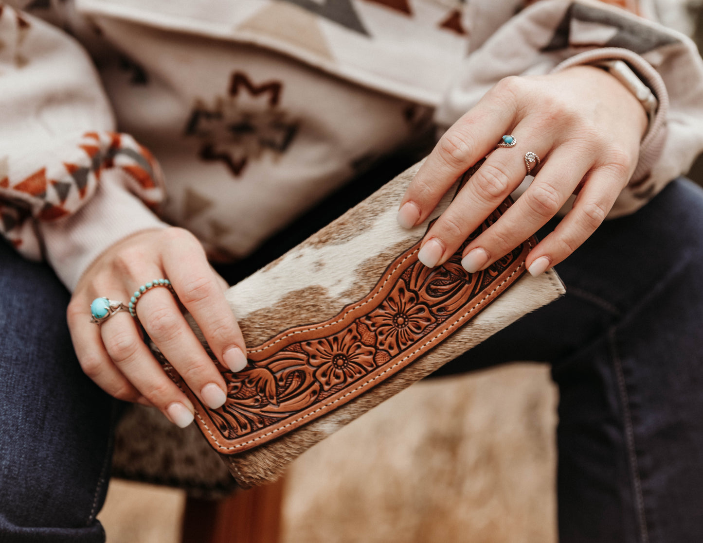 Cowhide Tooled Trifold Wallet