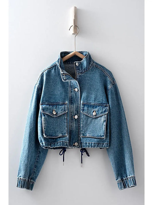 Cropped Drawstring Denim Jacket
