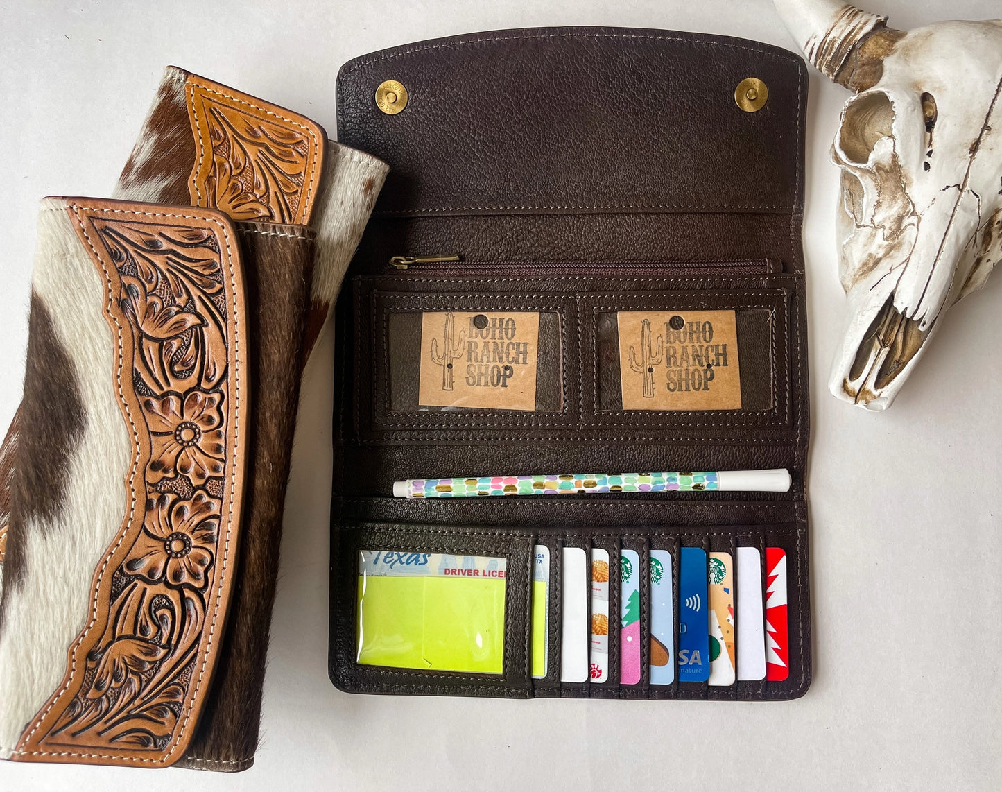 Cowhide Tooled Trifold Wallet