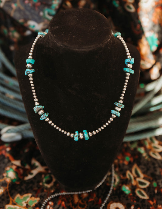 Sterling Silver Pearl Necklace With Turquoise 18"